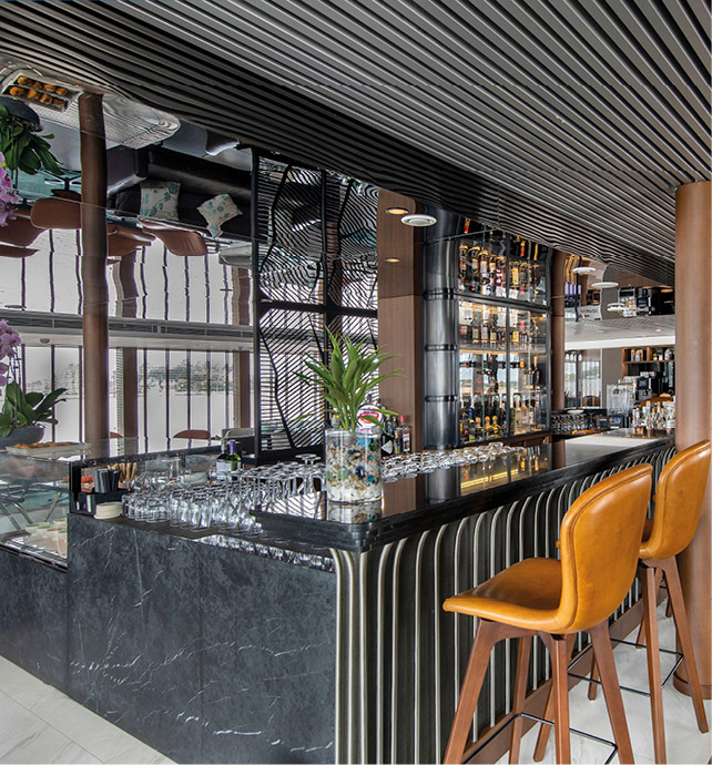 Bar area on board a luxury boutique river cruise ship
