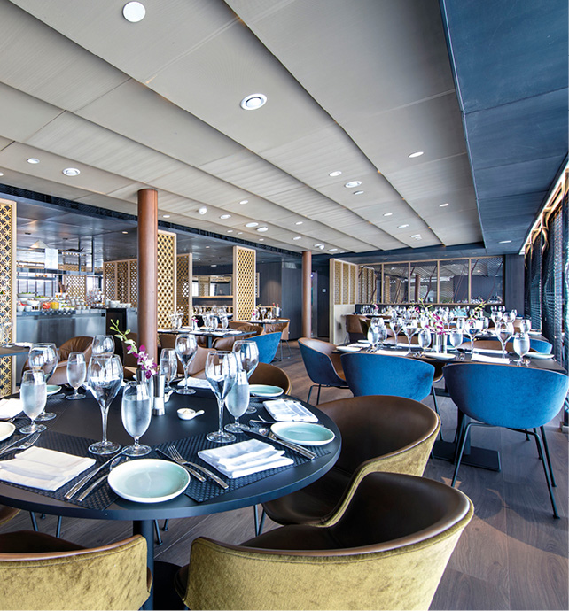 Tables in a restaurant on board a luxury river cruise ship