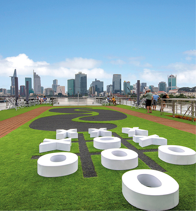 Life-size tic tac toe game board on the top deck of a luxury boutique river cruise ship